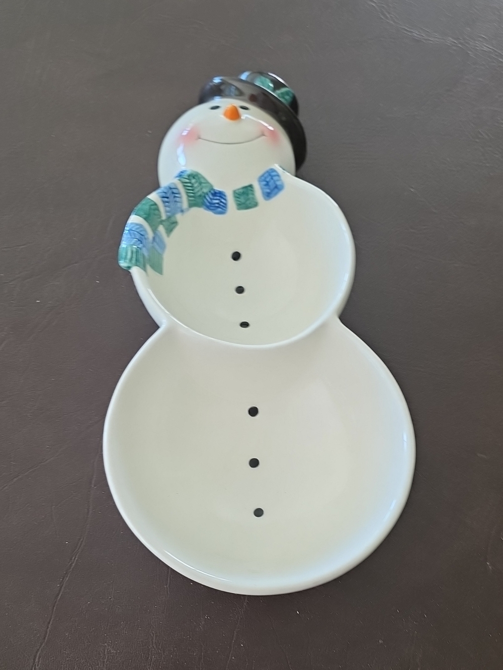 Snowman Double Dip Serving Dish - White with Blue-Green Scarf